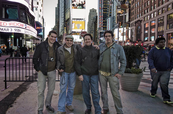January 2013, Times Square, NYC The first meetup and group shoot of Observe. (Left to right) Chris Farling, Fadi Boukaram, David Horton, and Larry Cohen. Disclaimer: photograph taken by random stranger. Observe is not responsible for &mdash; nor does it endorse &mdash; the clipping of feet.